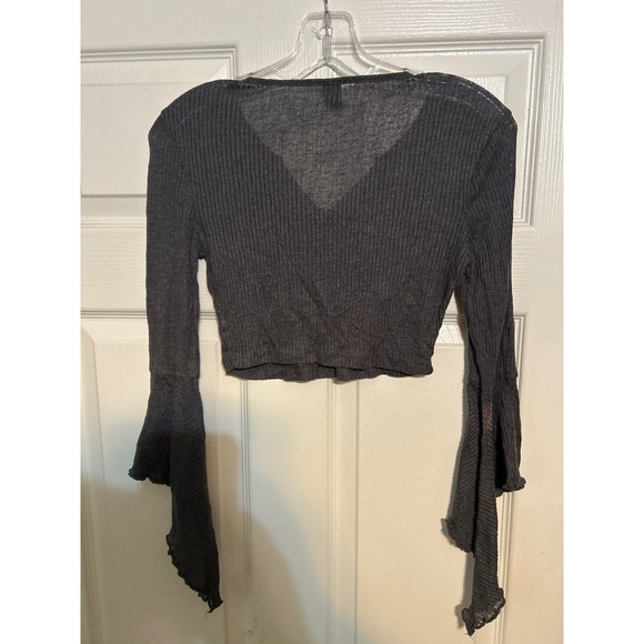 Shein Charcoal Grey Butterfly Graphic Ribbed Crop Top Long Bell Sleeve M - Picture 3 of 3